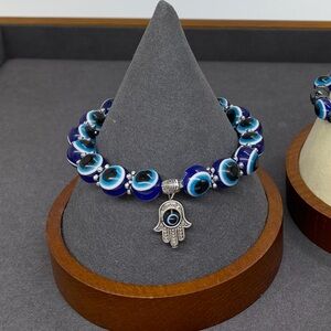 Blue Evil Eye Stretch Bracelet with Hamsa Charm | New